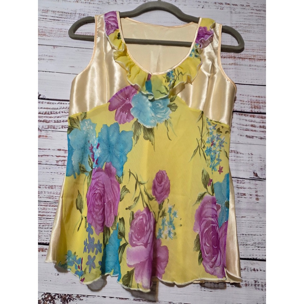 Floral Chiffon Satin Back Ruffle Neck Sleeveless Top Yellow Purple Rose Shimmer